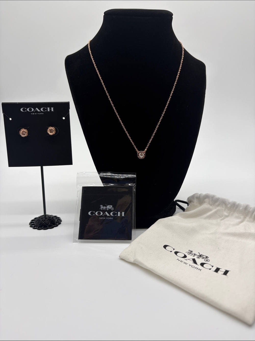 Coach Open Circle Necklace and Tea Rose Stud Earrings set Rosegold NWT MSRP $125